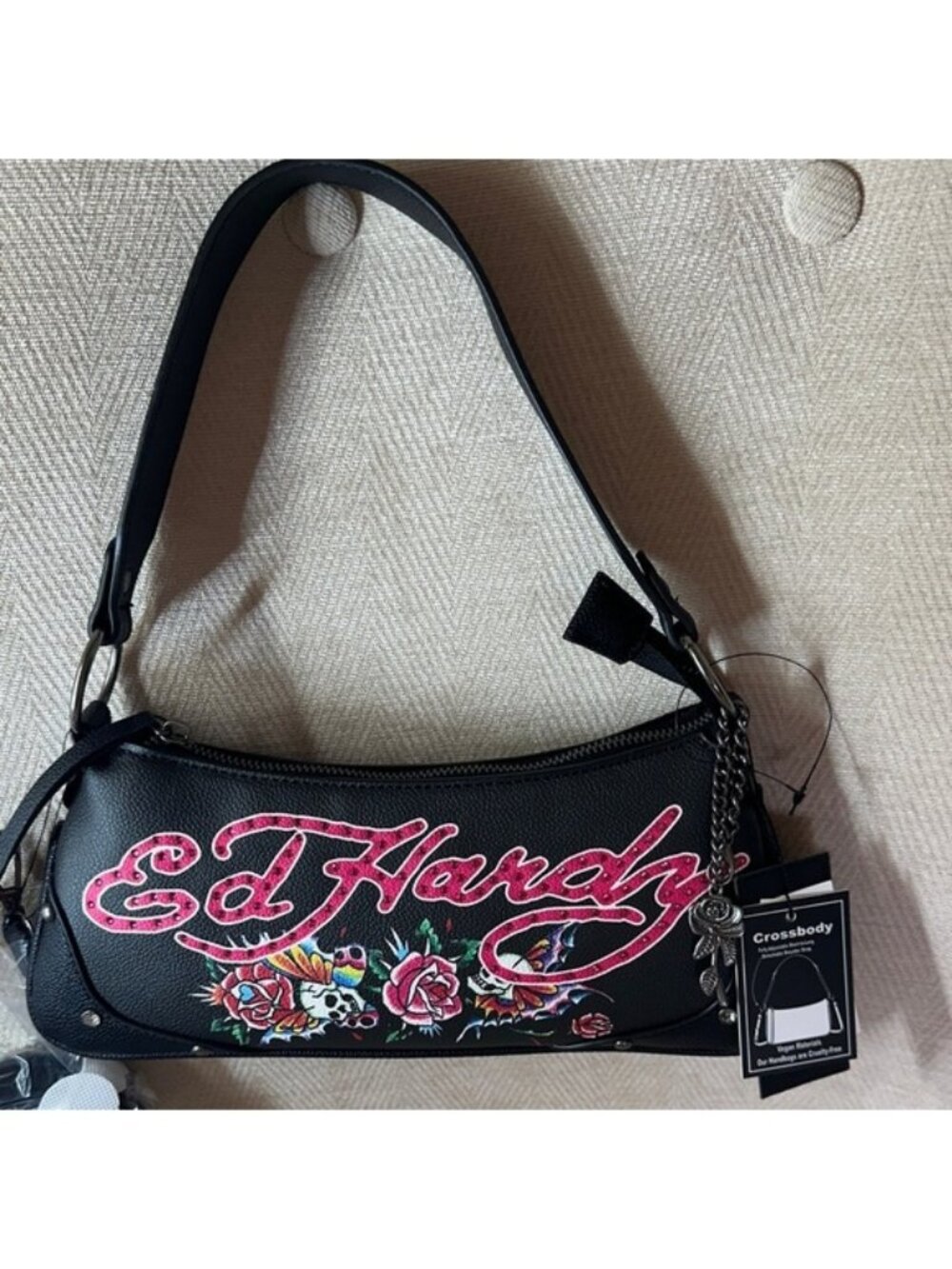 Ed Hardy Y2K Black Crossbody Bag Pink Logo Embroidered Skull Floral